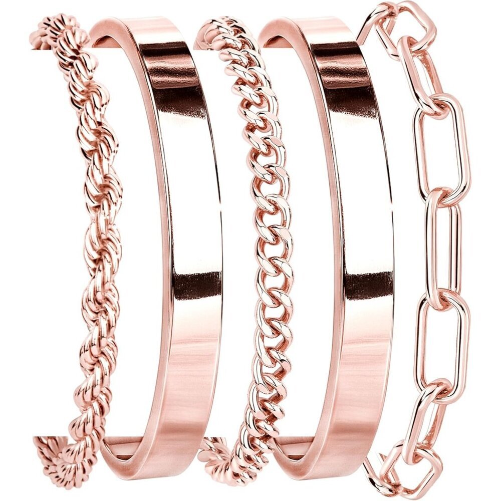 〽️Women's Rose Gold Steel Set of 5 Cuff Bangles Chunky Stackable Bracelets Set